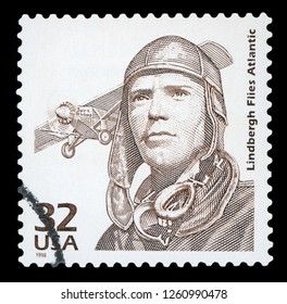 UNITED STATES - CIRCA 1998: A Postage Stamp Printed In USA Showing An Image Of Charles Lindbergh And His Plane The Spirit Of St. Louis, CIRCA 1998.