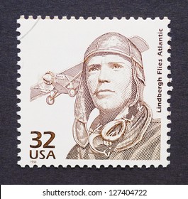 UNITED STATES - CIRCA 1998: A Postage Stamp Printed In USA Showing An Image Of Charles Lindbergh And His Plane The Spirit Of St. Louis, Circa 1998.