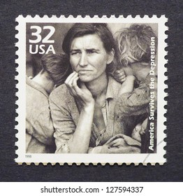 UNITED STATES - CIRCA 1998: A Postage Stamp Printed In USA Showing An Image Of A Mother With Her Children During The Great Depression, Circa 1998.