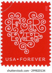 UNITED STATES - CIRCA 2015: Forever Stamp Printed In USA (US) Shows Image Of Illustrated White Heart With Lacy Lettering Of Word Forever On Red Background; Love Hearts; Circa 2015