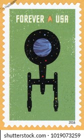 UNITED STATES - CIRCA 2016: Forever Post Stamp Printed In USA (US) Shows Silhouette Of Starship Enterprise And Planet; Star Trek Series; Scott 5134 Green, Circa 2016