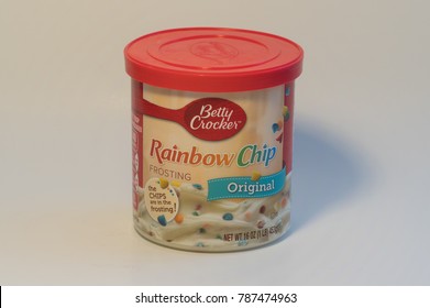 United States, Circa 2018: Betty Crocker Brand Rainbow Chip Flavor Dessert Frosting Can Product Shot Against White Background. Illustrative Editorial