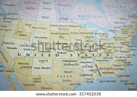 United States in close up on the map. Focus on the name of country.



