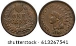 United States coin 1 one cent 1880, value flanked by oak branches, striped shield above, laurel leaves and arrows below, Indian head, date below,