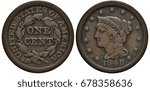 United States coin 1 one cent 1848, big size type, value within circular laurel wreath, Liberty head surrounded by thirteen stars, date below,