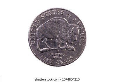 United States Coin Five Cent Nickel Piece With Buffalo On White Background
