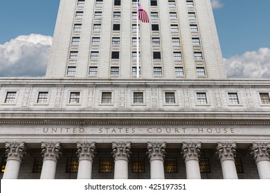 United States Court House. Courthouse Facade With Columns, Lower Manhattan, New York