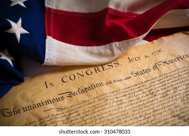 United States Declartion of Independence with vintage flag.  July 4th. - Shutterstock ID 310478033