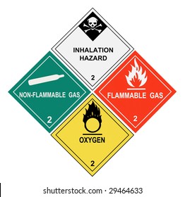 United States Department of Transportation class 2 gases warning labels isolated on white