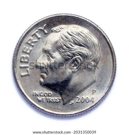 United States Dime (10 cents) coin. The coin shows a portrait of Franklin Delano Roosevelt, 32nd President of the United States.