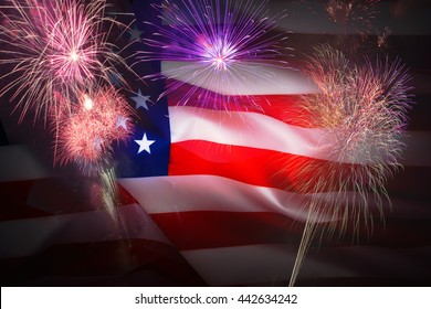 United States Flag. Fireworks Background For USA Independence Day. Fourth Of July Celebrate. 

