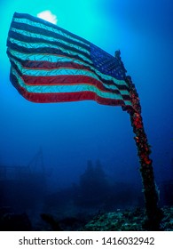 The United States Flag On The Sunken Wreck Of The USCG Duane In Key Largo, Florida