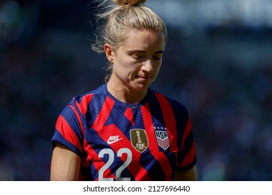 United States' Kristie Mewis (22) reacts after missing a goal chance against the New Zealand during the She Believes Cup soccer match Feb. 20, 2022, in Carson, Calif.