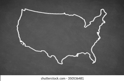 United States map drawn on chalkboard. Chalk and blackboard.