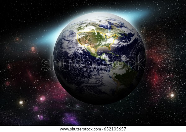 United States map on\
earth in space, USA country Superpower Has a vast area,  blue world\
in the universe and nebula background, Light of night time. milky\
way galaxy.  