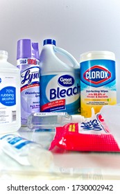 United States - March 15, 2020: Antibacterial Cleaning Disinfectant Wipes, Hand Sanitizer, Bleach, 70% Alcohol Used In Hospitals To Kill Coronavirus (COVID-19) And Flu Germs During Epidemic Quarantine