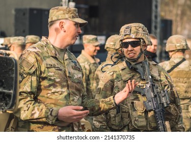 United States- March 29 2022: United States Marine Corps Soldiers With Shotgun, Rifle, Helmets And Military Vehicles, USA Or US Army Troops Ready For Drills Or War In The City