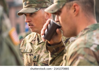 United States - March 29 2022: United States Marine Corps Soldiers Drinking Coffee And Making Plans During A Break, USA Or US Army Troops Ready For Drills, Battle Or War 