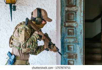 United States Marine With His Assault Rifle. Multicam Camouflage. U.S. Military On A Special Operation. Airsoft Player. Marine Doing Target Practice. Weapons For War. Soldier. Marine. Airsoft.