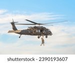 United States military helicopter. Combat US air force. Rescue mission exercise.