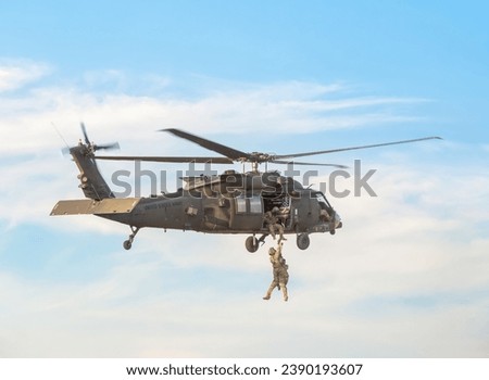 United States military helicopter. Combat US air force. Rescue mission exercise.