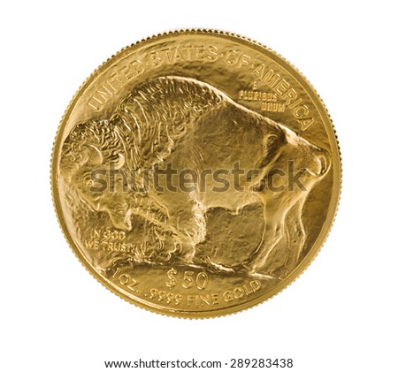 United States Mint issued coin of reverse side of American Buffalo coin, fine gold, isolated on pure white background. Coin in pristine condition shot in studio with macro lens.