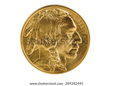 United States Mint issued gold coin with obverse side of American Buffalo coin, fine gold, isolated on pure white background. Coin in pristine condition shot in studio with macro lens.