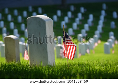 United States National flags ant headstones in National cemetery - Circa Washington DC USA