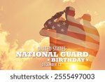 United States National Guard Birthday background with Double exposure of soldiers and the sunset and USA flag on background of cloudy sky. 13 December. National holiday.