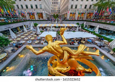 United States, New York City - September 14, 2019: Statue Of Prometheus In Rockefeller Center, In Midtown Manhattan, Commissioned By The Rockefeller Family.