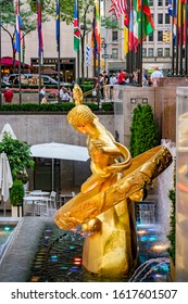 United States, New York City - September 14, 2019: Statue Of Prometheus In Rockefeller Center, In Midtown Manhattan, Commissioned By The Rockefeller Family.