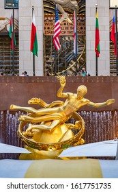 United States, New York City - September 14, 2019: Statue Of Prometheus In Rockefeller Center, In Midtown Manhattan, Commissioned By The Rockefeller Family.