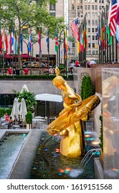 United States, New York City - September 14, 2019: Statue Of Prometheus In Rockefeller Center, In Midtown Manhattan, Commissioned By The Rockefeller Family.