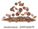 United States one cent coins falling on white background