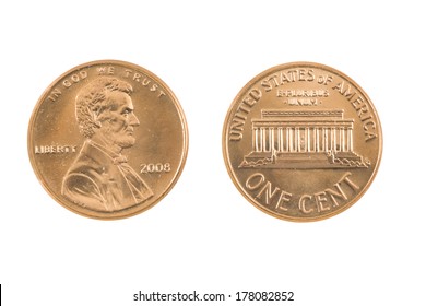 United States Penny On White Background..