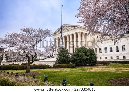 United States Supreme court front facade view through cherry blossom landscape, Washington DC, USA