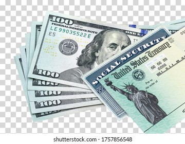 United States Treasury Check, Ssn Card With US Currency. Coronavirus Economic Impact Stimulus Payments Or IRS Tax Refund On Isolated Background Including Clipping Path.