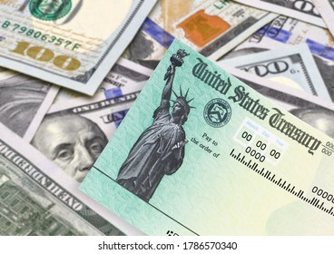 United States Treasury Check, Ssn Card With US Currency. Coronavirus Economic Impact Stimulus Payments Or IRS Tax Refund On Isolated Background 