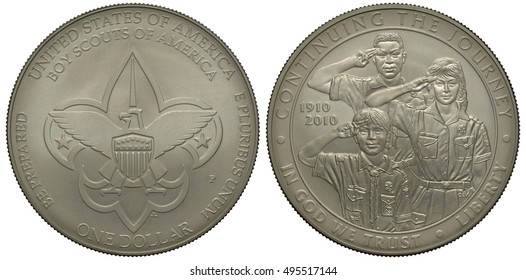 United States US Coin One Dollar 2010, Centennial Of Boy Scouts Of America, Eagle, Scout Emblem Behind, Three Scouts Saluting, Silver, Patina,