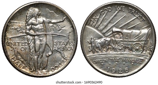 United States US Silver Coin 1/2 Half Dollar 1926, Subject Oregon Trail Memorial, Indian Chief With Bow In Front Of Map, Wagon Pulled By Bulls In Front Of Radiant Sun,