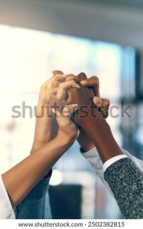 Unity, business people and hands up in office for diversity, inclusion and acceptance for equal opportunity. Trust, employees or motivation with solidarity for group, awareness or support for team