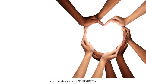 Unity and diversity are at the heart of a diverse group of people connected together as a supportive symbol that represents a sense of teamwork and togetherness. Symbol and shape created from hands. - Shutterstock ID 2181989207
