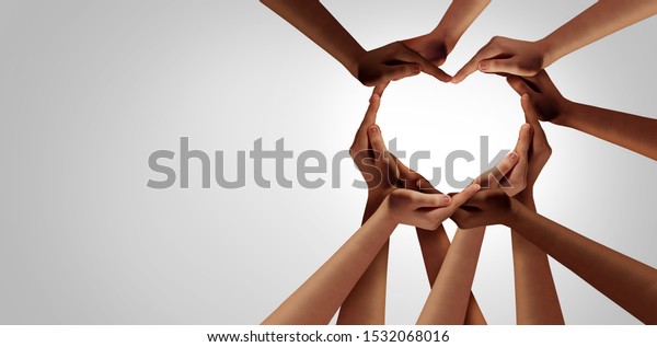 Unity and diversity\
partnership as heart hands in a group of diverse people connected\
together shaped as a support symbol expressing the feeling of\
teamwork and\
togetherness.