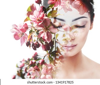 Unity Of Human With Nature, Beauty Of Youth And Femininity. Double Exposure Portrait Of Young Pretty Woman Combined With Bright Spring Garden Flowers