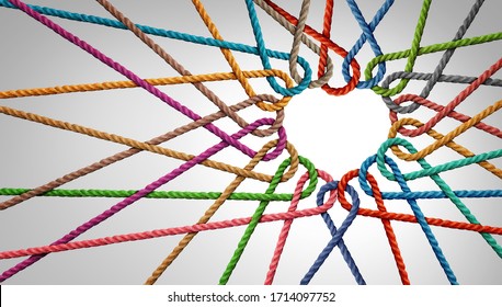 Eenheid en liefde partnerschap als touwen gevormd als een hart in een groep van verschillende snaren die met elkaar zijn verbonden, gevormd als een ondersteunend symbool dat het gevoel van teamwork en saamhorigheid uitdrukt.
