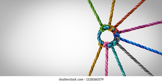 Unity and teamwork concept as a business metaphor for joining a partnership as diverse ropes connected together as a corporate symbol for cooperation and working collaboration. - Shutterstock ID 1528360379