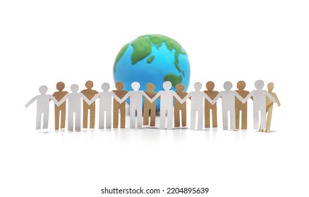 Unity Together To Save The World. Paper Dolls With Diverse People Symbol Holding Hands Stand In Front Of The Globe. Volunteer And Teamwork Joining For Save The Environment. Earth Day Concept.