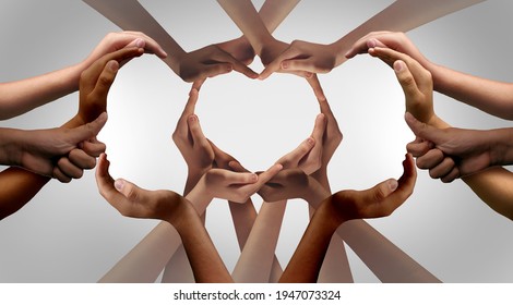 Unity And Togetherness Or Diversity Partnership As Heart Hands In A Group Of Diverse People Connected Together Shaped As A Support Symbol Expressing The Feeling Of Teamwork.