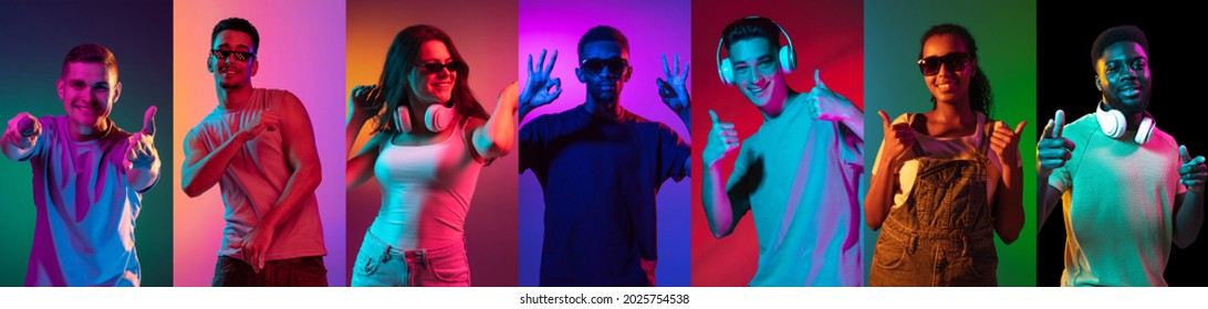 Unity, Youth. Portraits Of Different Models On Multicolored Background In Neon Light. Flyer, Collage Made Of Models. Concept Of Emotions, Facial Expression, Sales, Advertising. Listening Music With