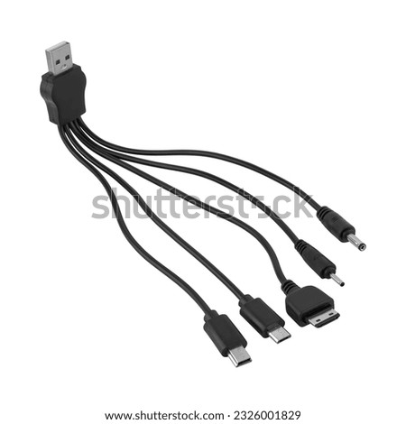 Universal adapter cable from USB connector to micro USB, mini-USB and other connectors white background in insulation